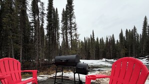 Two red Adirondack chairs, a black grill, and a snowy forest background. - Cozy Container: A Shipping Container Retreat for Pups & People. (Soldotna)