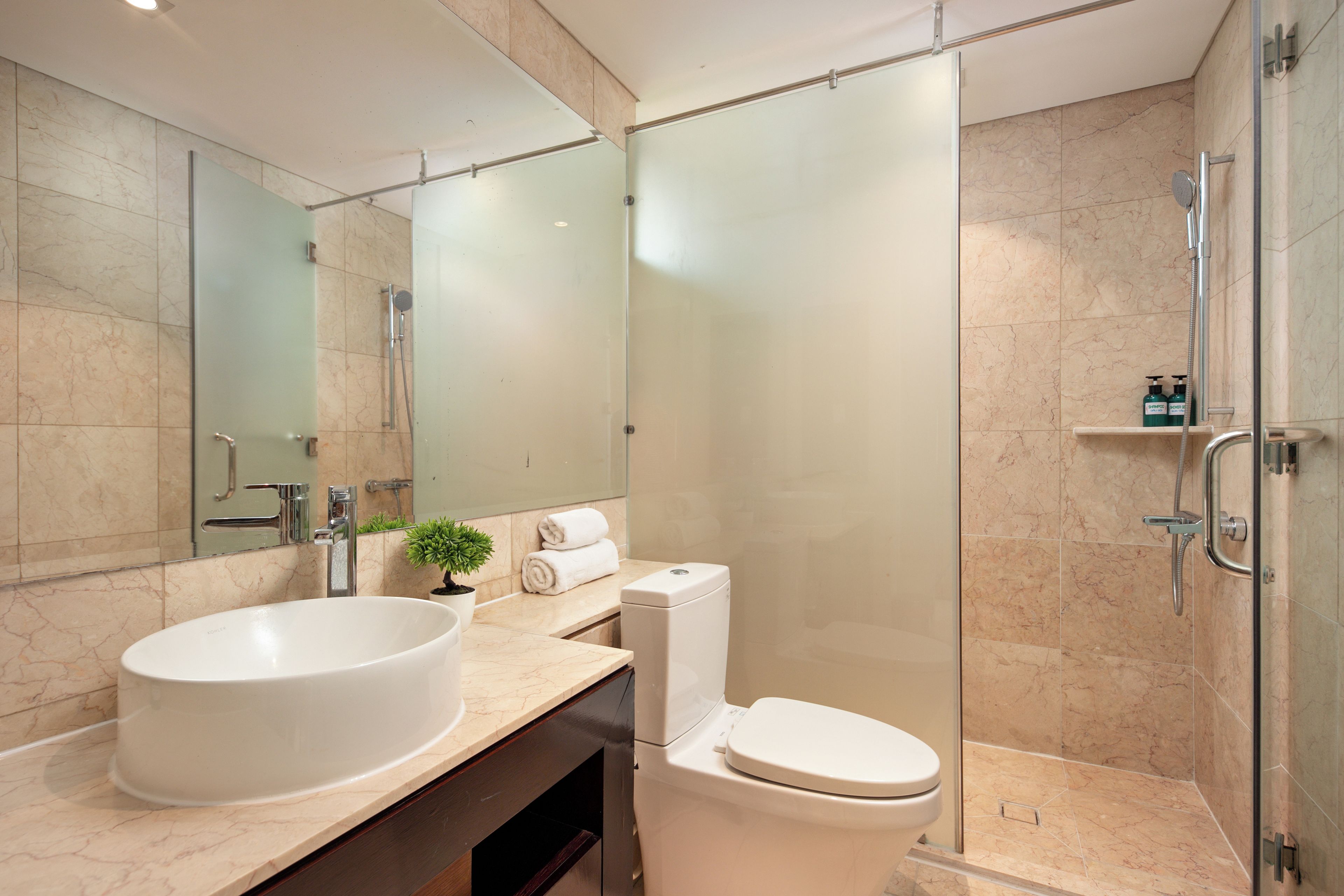 A modern bathroom with a large oval sink, a toilet, and a glass-enclosed shower area.