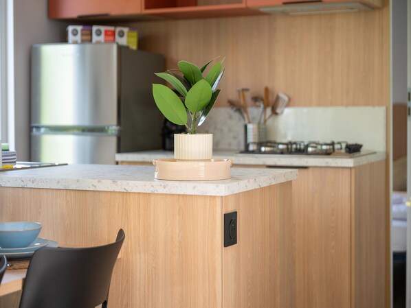A kitchen with a wooden island, a potted plant, a refrigerator, and a stove. - New Vennepark Caravan 463 (De Haan)