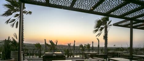 An outdoor seating area with tables and sofas, palm trees, and a view of the sunset.