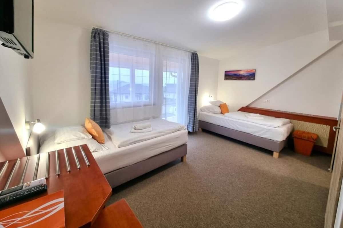 Habitación de hotel con dos camas, un escritorio, una silla, un televisor y un cuadro en la pared.