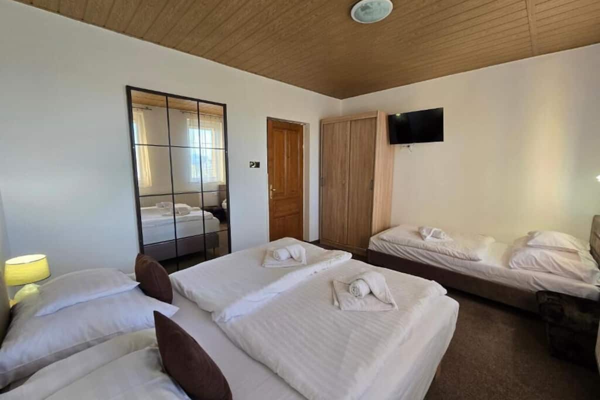 Habitación de hotel con tres camas, un televisor, un espejo y techo de madera.