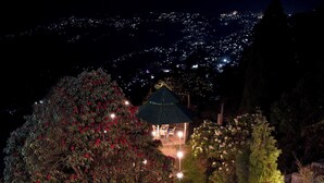 A night view of a garden with a gazebo, surrounded by trees and illuminated by street lamps. - Anutri Hotels & Resorts  (Darjeeling)