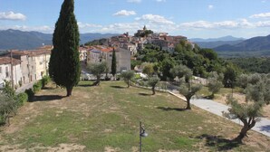 Eine Stadt mit Gebäuden auf einem Hügel, ein hoher Baum und ein klarer Himmel.