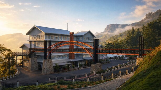 A large hotel with a prominent arch bridge, stone pillars, and a mountainous backdrop. - Kingswood Tea Factory (Ramboda)