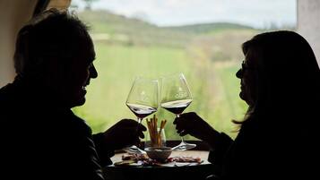 Dos personas brindando con copas de vino en una mesa con vistas a un paisaje verde.