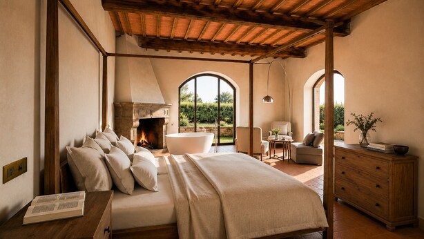 A bedroom with a bed, a fireplace, a bathtub, and a view of the outdoors. - Tenuta Golo (Montepulciano)