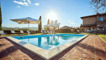 Seasonal outdoor pool, pool umbrellas, sun loungers