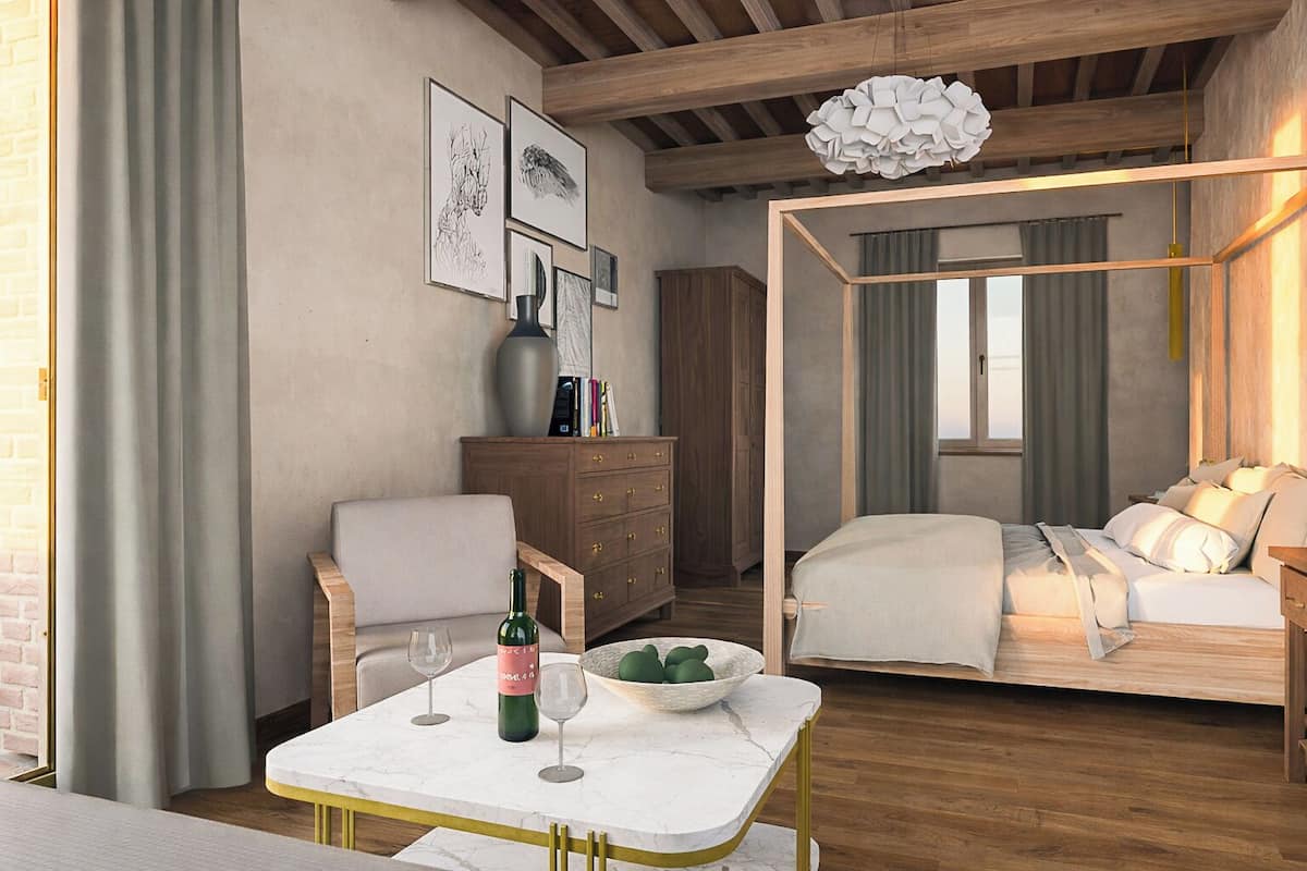 Dobbeltrom – signature, balkong, utsikt mot vingård