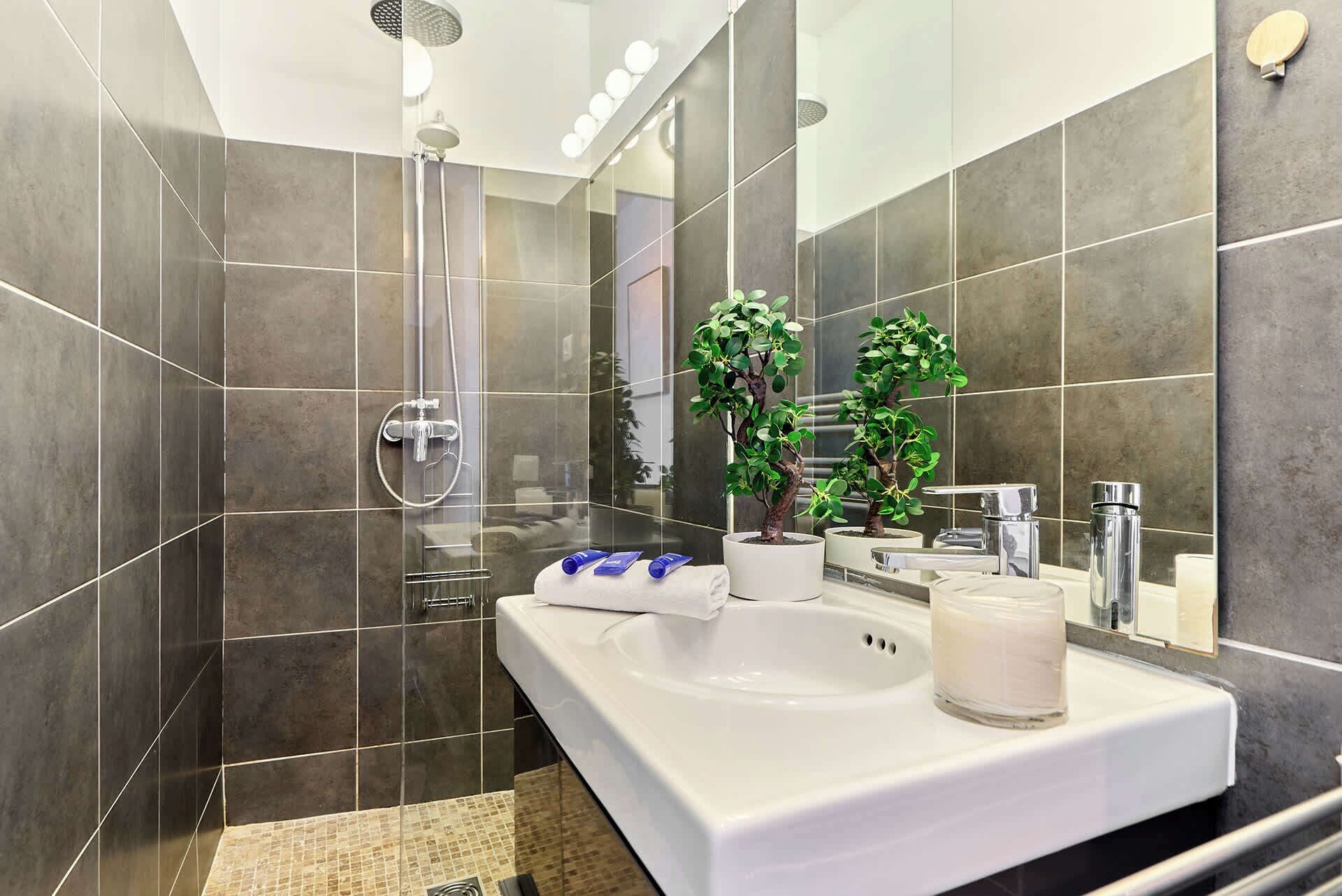 Shower, hair dryer, towels, shampoo