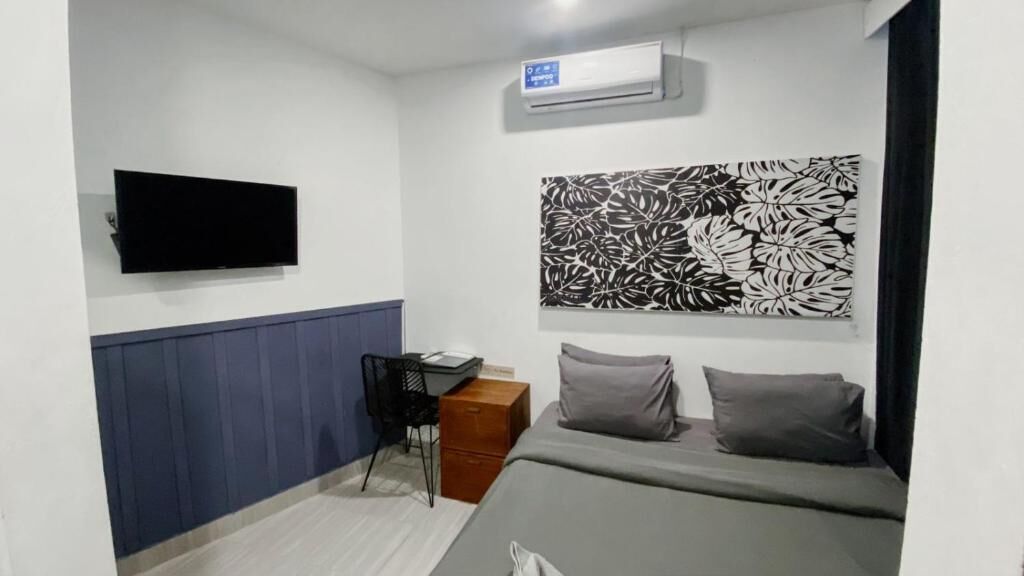 A room with a bed, a desk, a chair, a flat-screen TV, an air conditioner, and a wall with a leaf pattern.