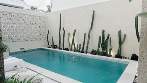 A swimming pool with a cactus wall and a white textured wall. - Escotel Tempekan Canggu (Tibubeneng)