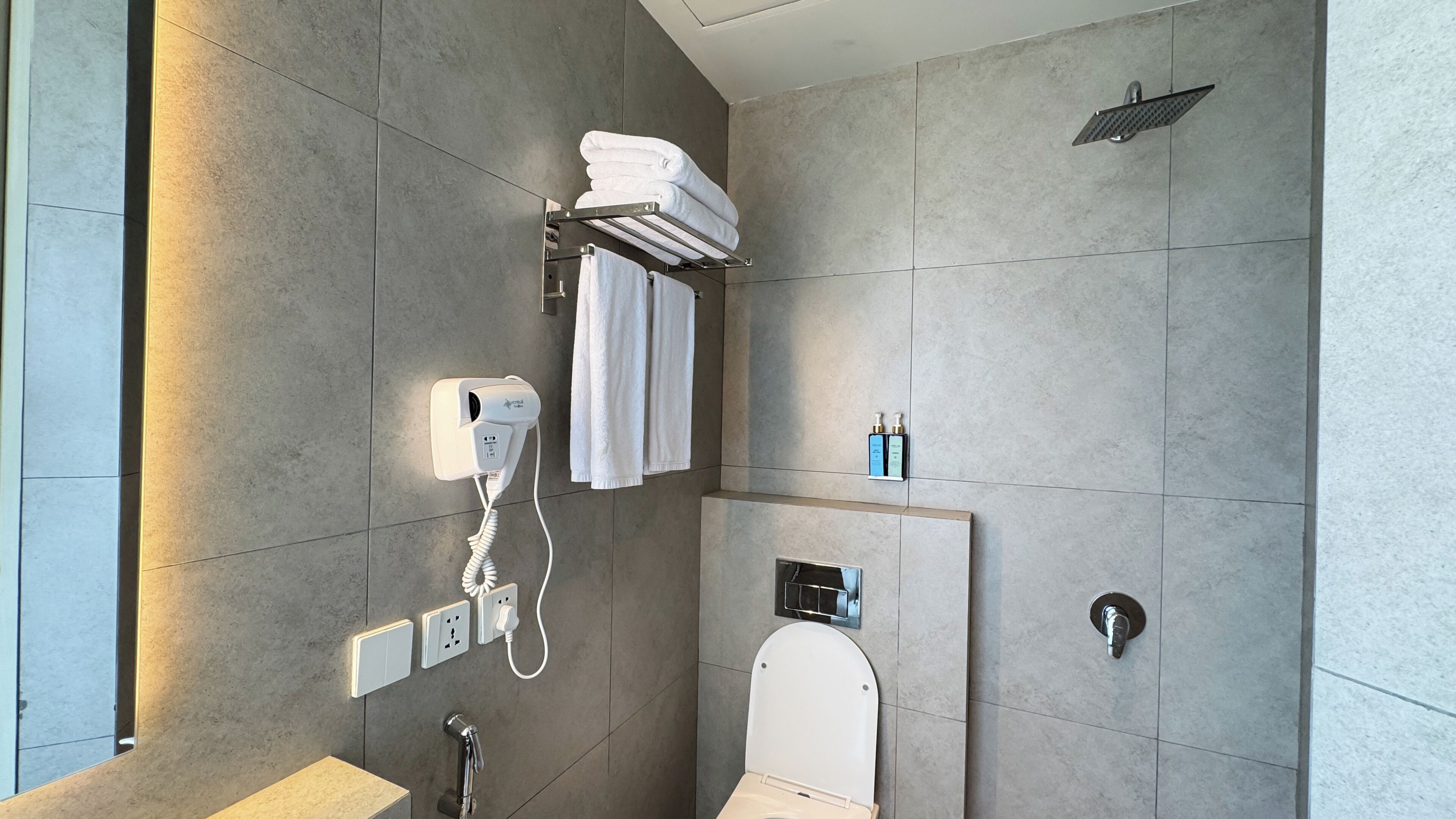 A modern bathroom with a shower, toilet, and a towel rack.