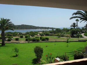 A view of a landscaped garden with a pathway, palm trees, and a body of water in the background. - Residence Porto Coda Cavallo, Sardinia (San Teodoro)