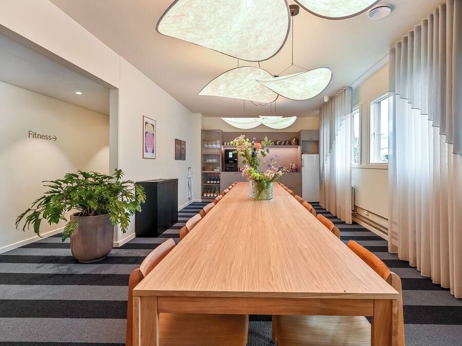 A conference room with a long table, potted plants, and a modern ceiling light fixture.