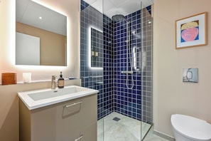 Estudio Deluxe | Baño | Regadera, secadora de cabello, toallas, jabón