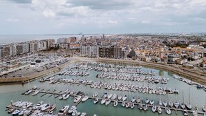 Een jachthaven met vele boten afgemeerd, omringd door een stadsgezicht met gebouwen en een verre zeezicht.
