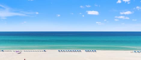 Une plage avec un ciel dégagé, un rivage sablonneux et une rangée de parasols bleus.