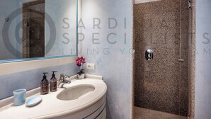 Een badkamer met een wastafel, spiegel en douche.