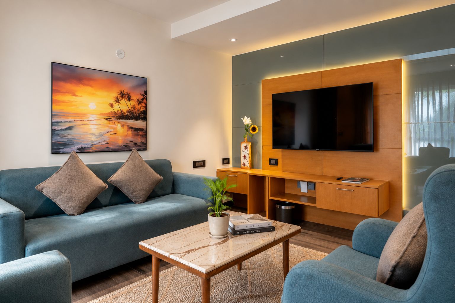 A modern living room with a sofa, a coffee table, a TV, and a painting of a sunset.