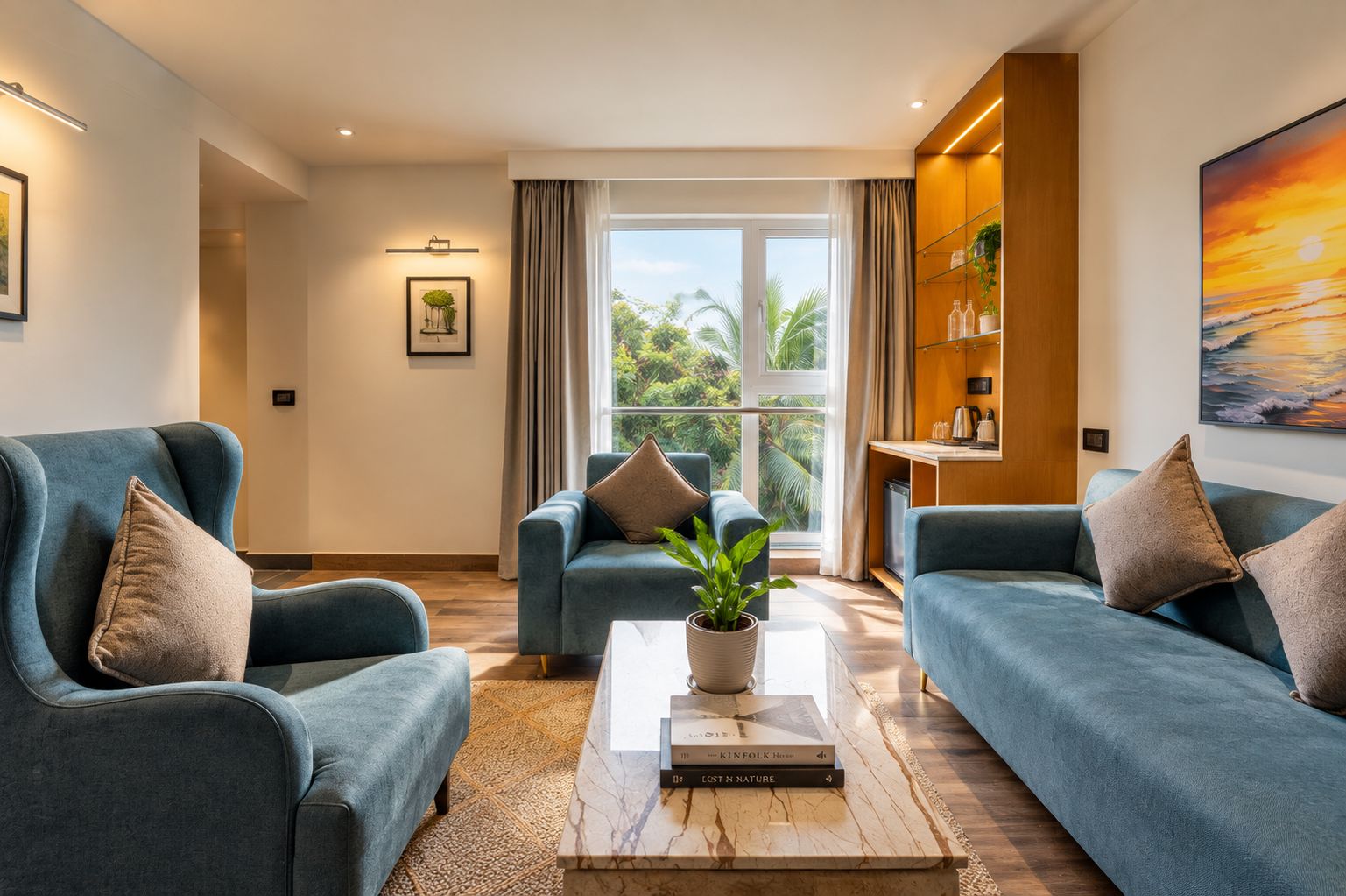 Una sala de estar moderna con dos sofás, una mesa de centro con una planta y una estantería.