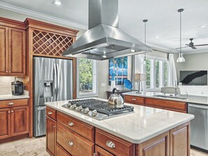Fridge, microwave, oven, stovetop - BEST Luxury Bradley Circle Beach House | Pool, Hot Tub, Elevator, Game Room, Walk to Beach (Hilton Head Island)
