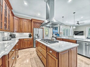 Fridge, microwave, oven, stovetop - BEST Luxury Bradley Circle Beach House | Pool, Hot Tub, Elevator, Game Room, Walk to Beach (Hilton Head Island)