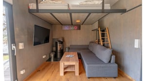A compact living space with a bunk bed, a gray sofa, a wooden coffee table, a TV mounted on the wall, and a fireplace. - Tiny House an Zwei Naturteichen - Ruhe, Kamin & Terrasse Nahe Dresden - Best Price! (Grossharthau)