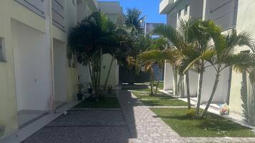 Pátio com calçada, plantas em vasos e edifícios com varandas.