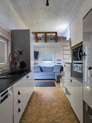 Apartment | Living room - Tiny House mit Terrasse, Grill & Kamin Direkt am Naturteich - Best Price! (Grossharthau)