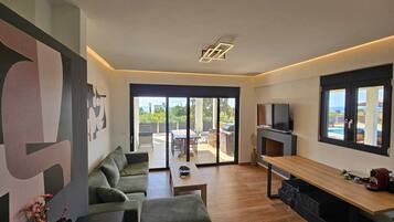 A modern living room with a sofa, a coffee table, a TV, and a fireplace.