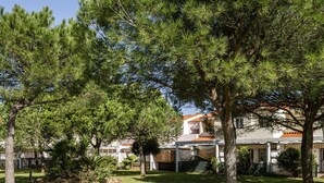 Un quartier résidentiel avec une maison, une pelouse et des arbres.