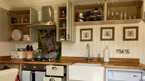 Una kitchenette compacta con estufa, lavamanos y alacenas.