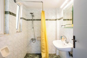 Een badkamer met douche, wastafel, spiegel en urinoir.