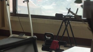 A treadmill, a stationary bike, and a rose in a room with a large window overlooking a cityscape.