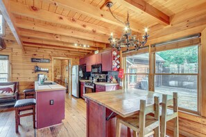 A cabin interior with a wooden interior, a kitchen area, and a dining space with a view. - Spacious Log Cabin w/ Stunning Views in Blue Ridge (Blue Ridge)