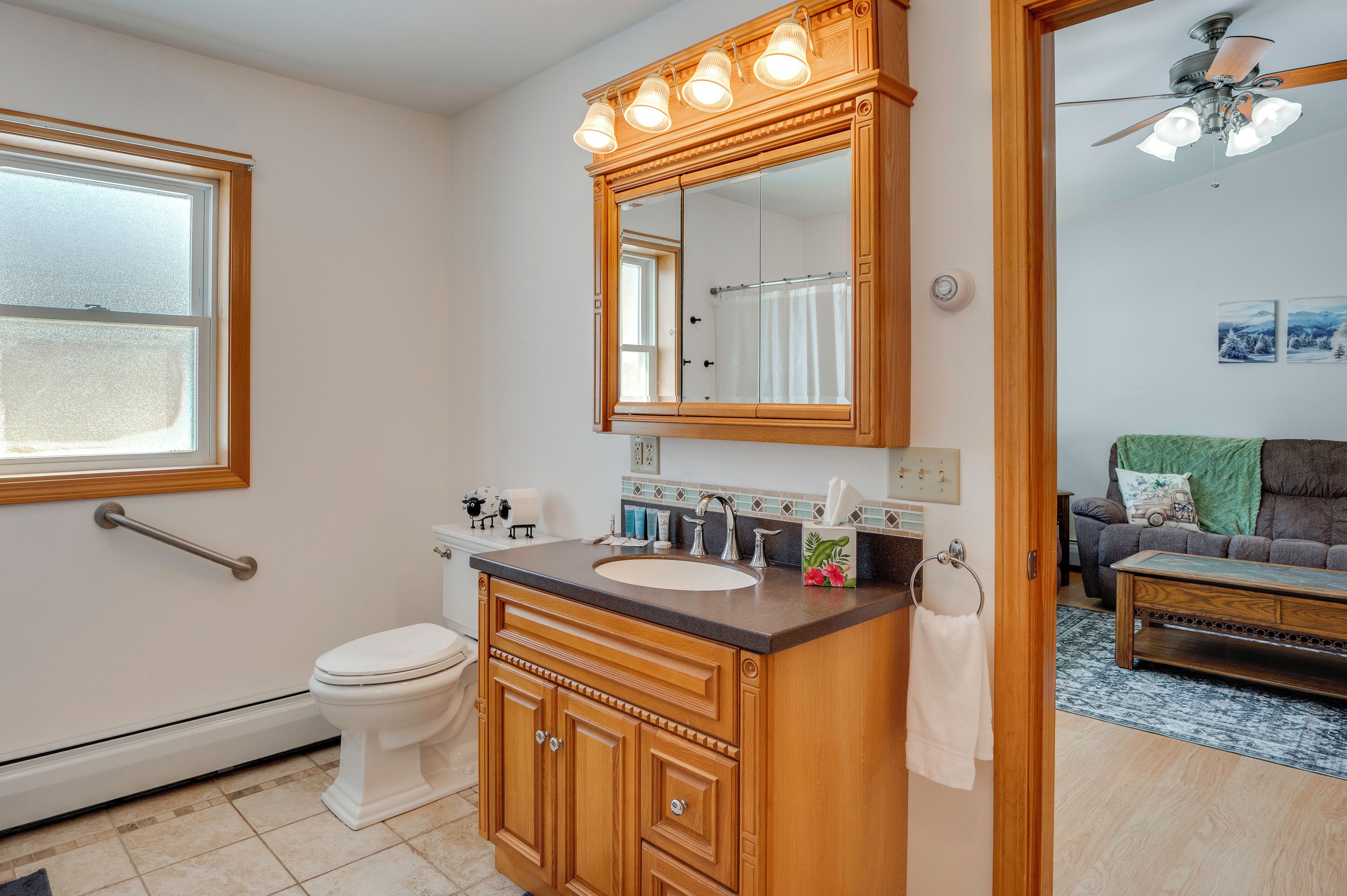 A bathroom with a vanity, toilet, and a mirror with lights.