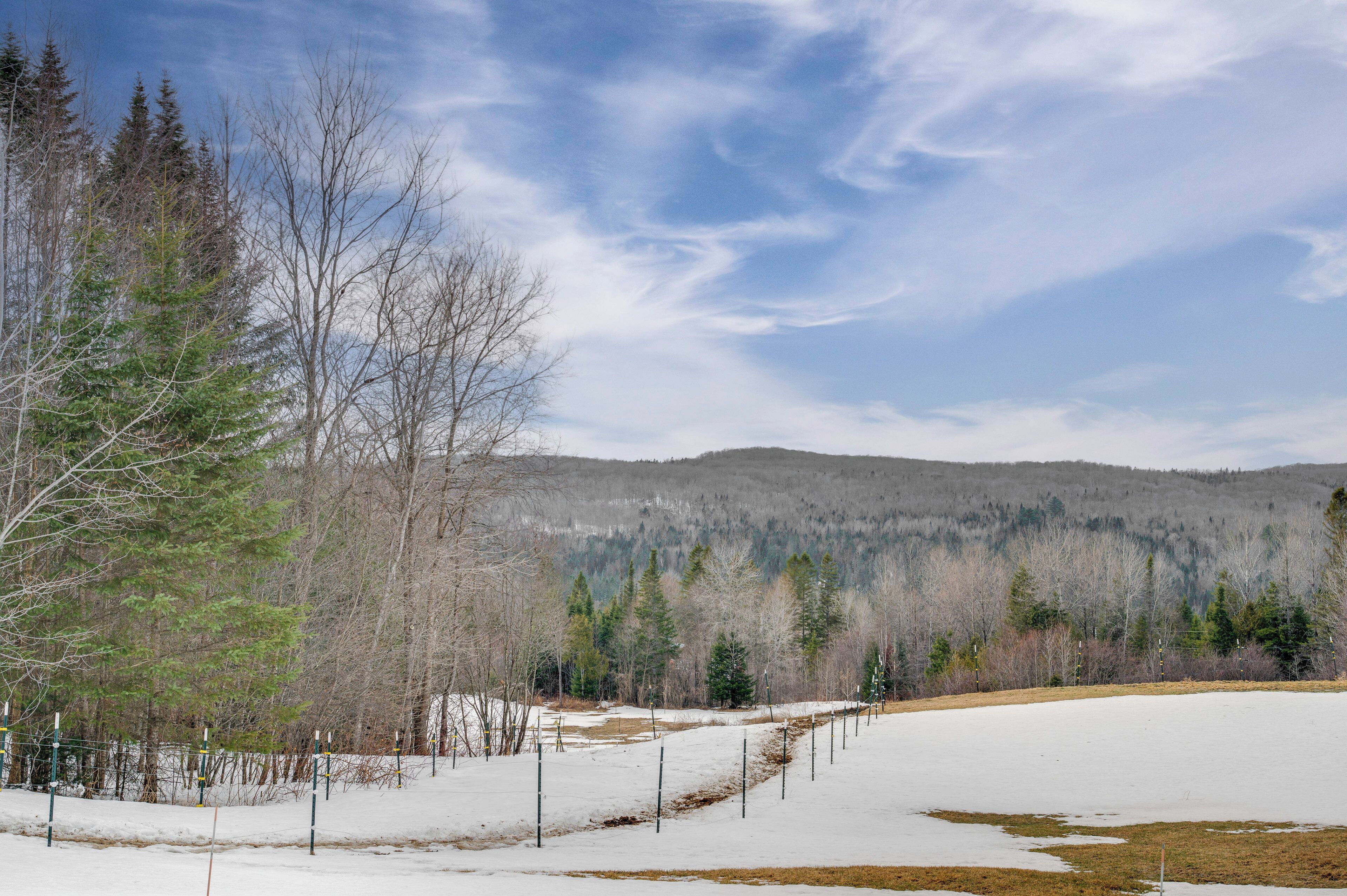 A snowy landscape with a fenced area, trees, and a hilly background.