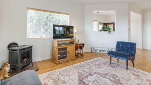 Uma sala de estar com televisão, um armário de madeira, uma poltrona azul, um tapete e um cachorro.