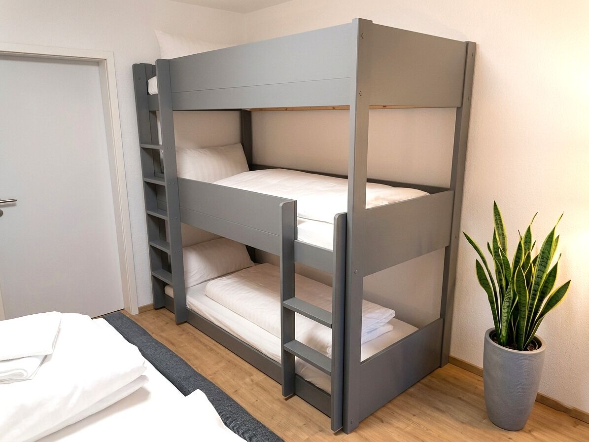 A bunk bed with a grey frame, a potted plant, and a white door in the background.