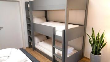 A bunk bed with a grey frame, a potted plant, and a white door in the background.