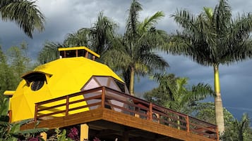Um edifício amarelo com deck de madeira, cercado por palmeiras e plantas tropicais.