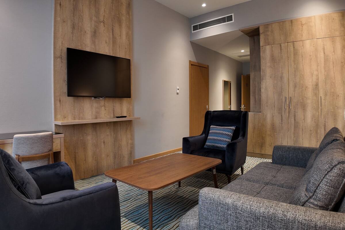 Una habitación de hotel moderna con un televisor de pantalla plana montado en una pared de madera, un sofá, una silla, una mesita y una alfombra estampada.