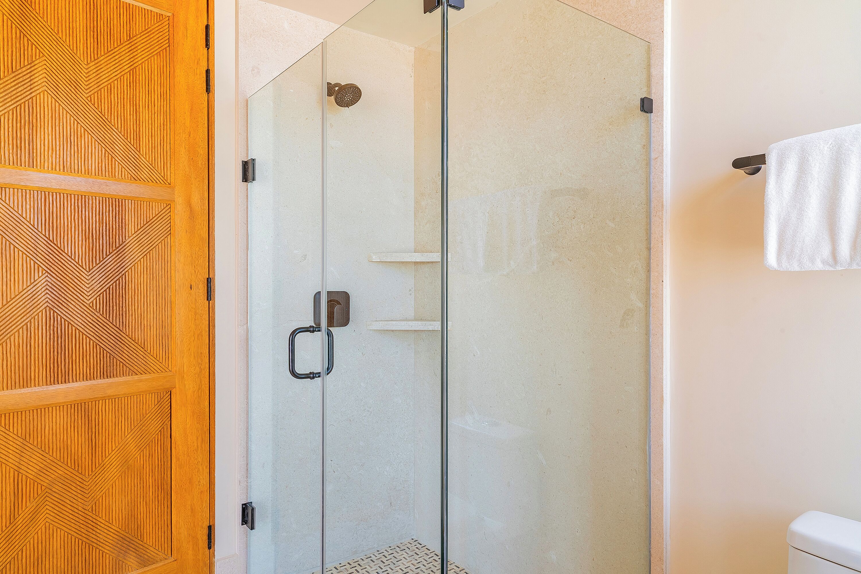 A glass-enclosed shower with a wooden door, a white towel hanging on a towel rack, and a toilet visible to the right.