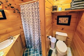 A small wooden bathroom with a shower curtain, a toilet, a sink, and a framed picture on the wall. - Soaring Eagle 4 Bedroom Cabin (Pigeon Forge)