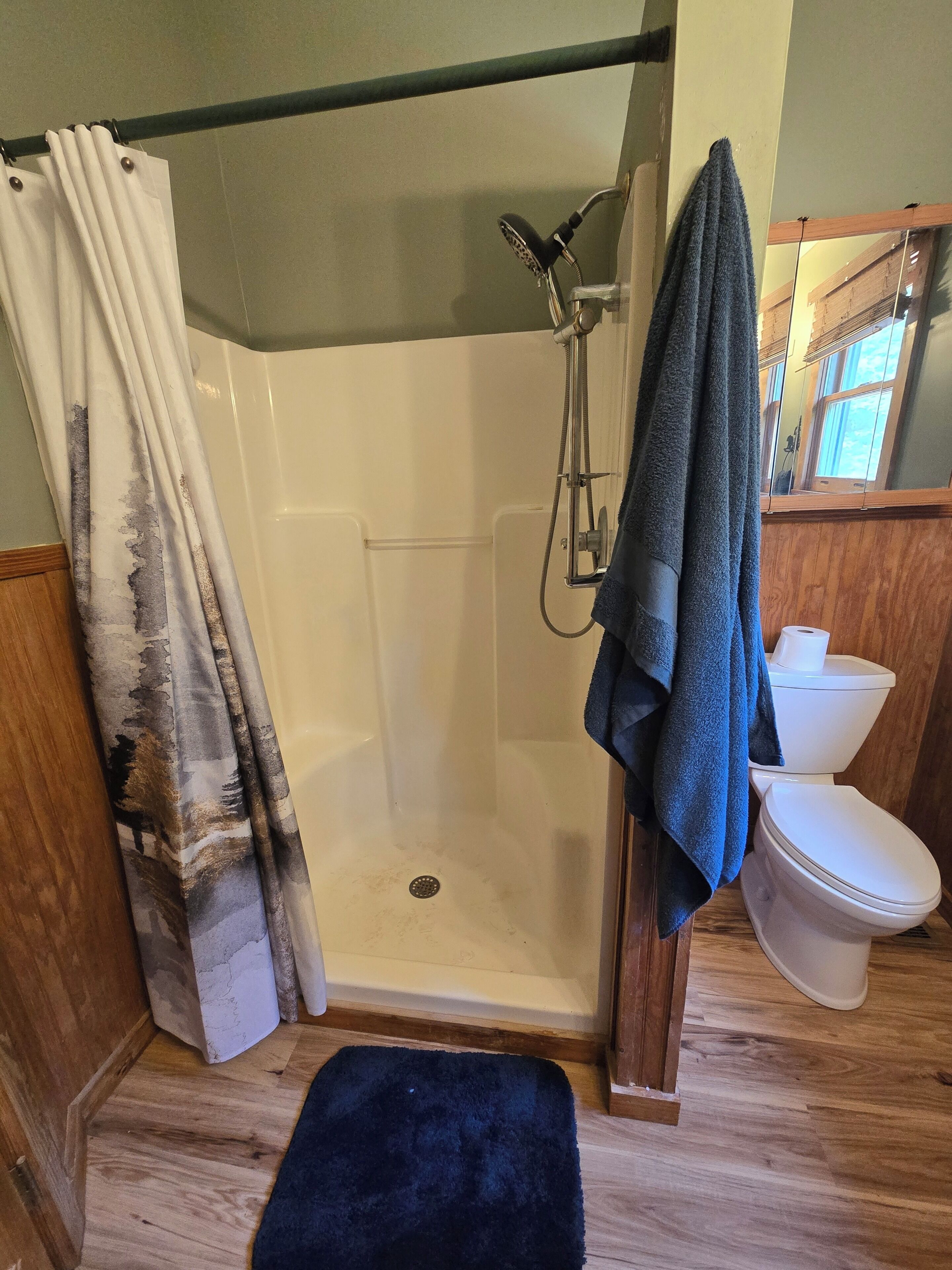 Une douche avec une porte en verre, des toilettes et un porte-serviettes.