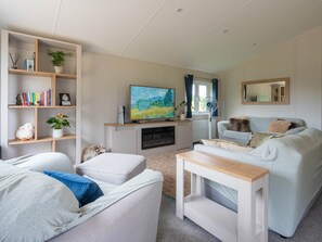 Ein modernes Wohnzimmer mit Flachbildfernseher, Kamin, Sofa, Couchtisch und Bücherregal.