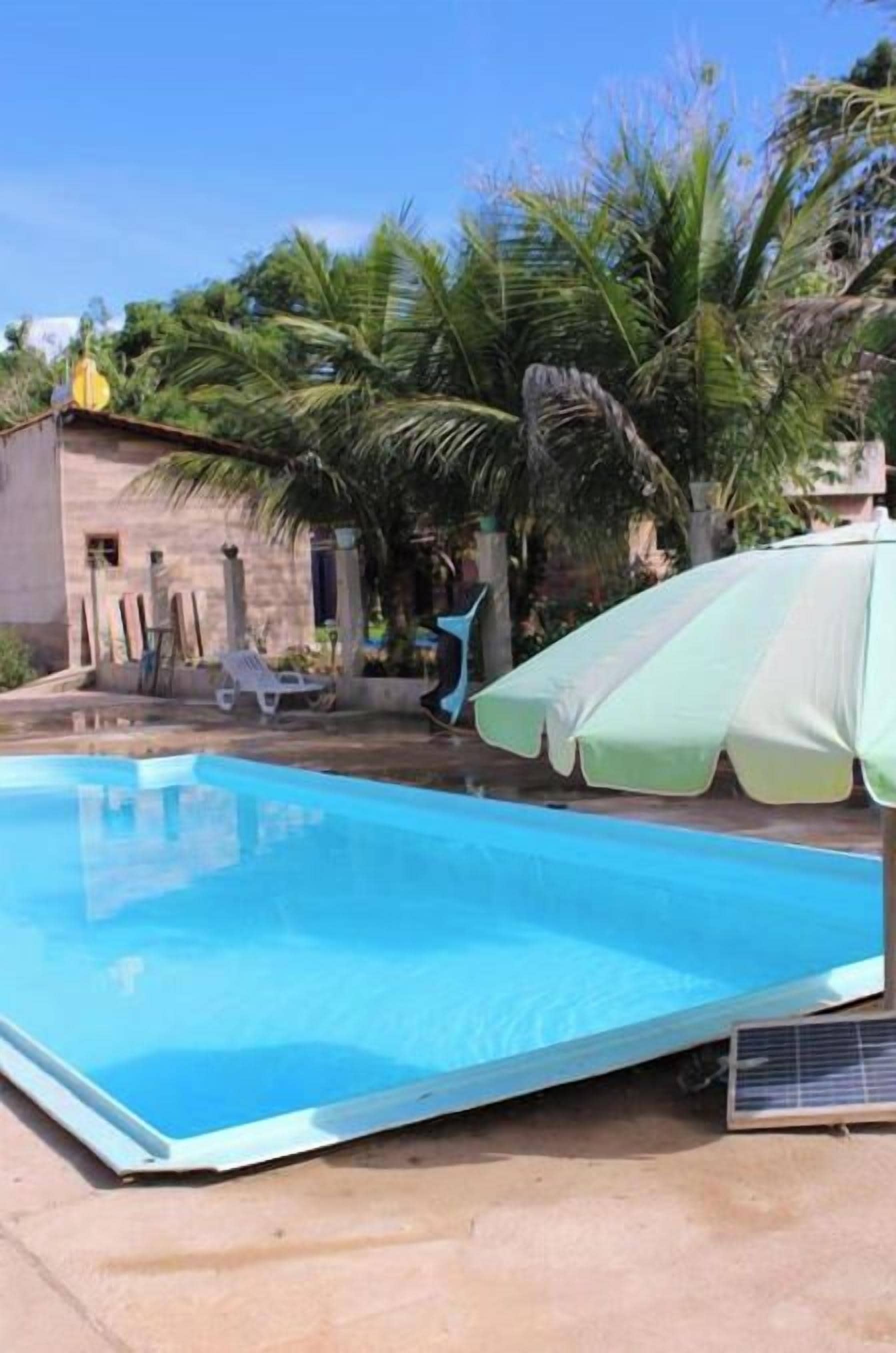 A swimming pool with a covered area, surrounded by palm trees and a building.