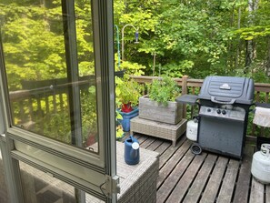Eine Holzterrasse mit Grill, Blumentöpfen und einem Fenster.
