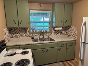 Private kitchen - Log Cabin with a waterfront view. Access to boat ramp and swimming dock! (Afton)